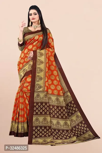 Beautiful Art Silk Brown Printed Saree With Blouse Piece For Women