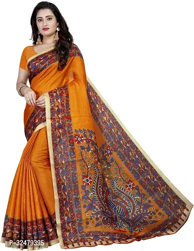 Beautiful Orange Cotton Blend Printed Saree With Blouse Piece For Women