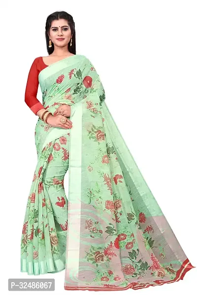 Elegant Green Cotton Linen Printed Saree With Blouse Piece For Women Pack Of 1