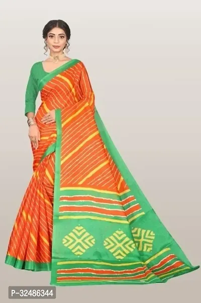 Beautiful Cotton Blend Orange Printed Saree With Blouse Piece For Women-thumb0