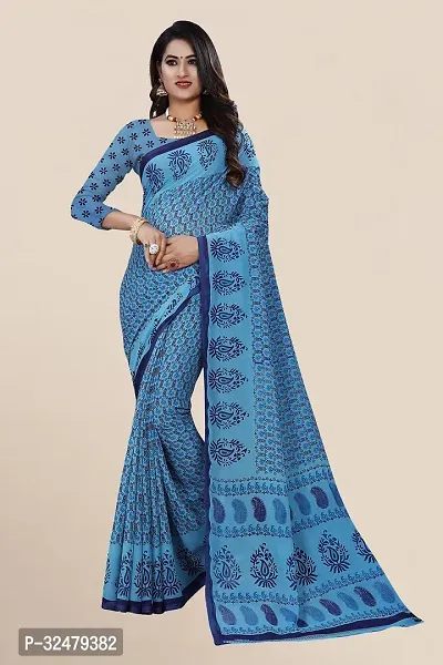 Beautiful Blue Georgette Printed Saree With Blouse Piece For Women-thumb0