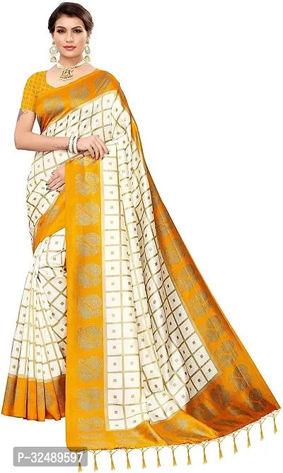 Beautiful Silk Blend Yellow Checked  Saree with Blouse piece For Women-thumb0