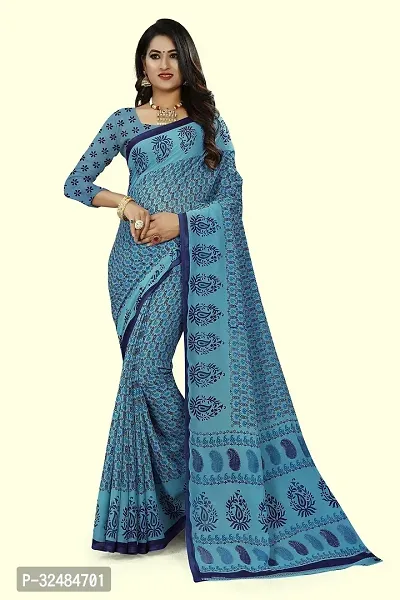 Elegant Cotton Blend Printed Saree with Blouse piece For Women-thumb0