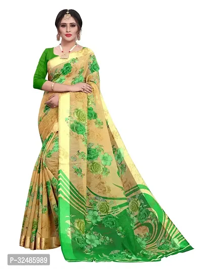 Elegant Green Cotton Linen Printed Saree With Blouse Piece For Women Pack Of 1