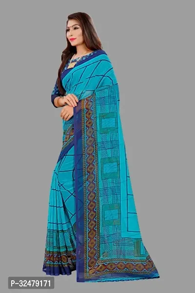 Beautiful Blue Georgette Printed Saree With Blouse Piece For Women-thumb0