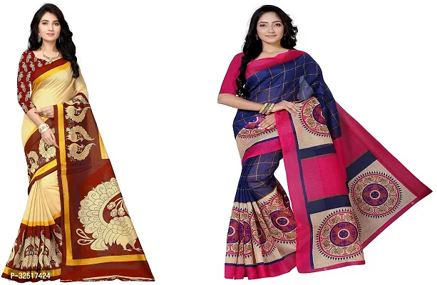 Beautiful Multicoloured Silk Blend Printed Saree With Blouse Piece For Women Pack Of 2-thumb0