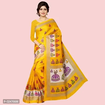 Elegant Yellow Silk Blend Printed Saree With Blouse Piece For Women-thumb0