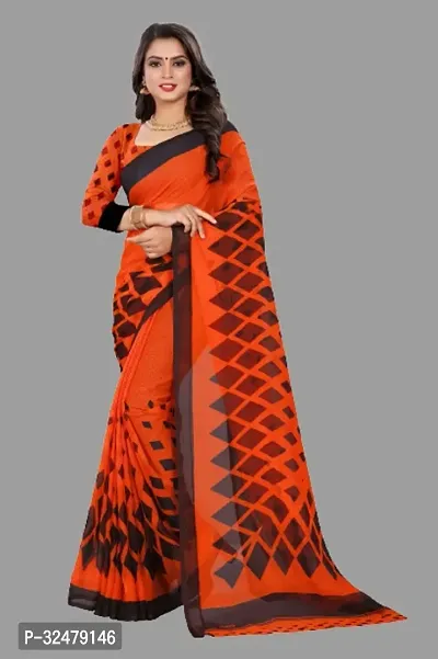 Beautiful Orange Georgette Printed Saree With Blouse Piece For Women-thumb0