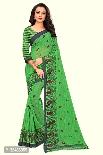 Beautiful Georgette Green Printed Saree With Blouse Piece For Women