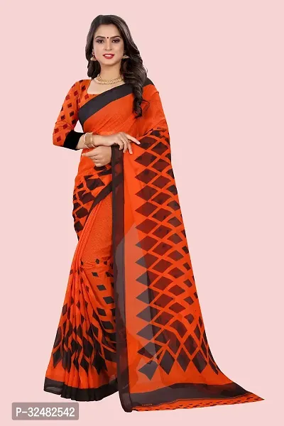 Stylish Orange Georgette Printed Saree with Blouse piece For Women-thumb0