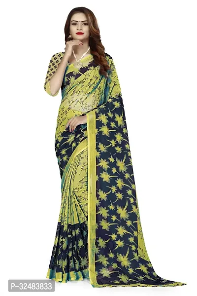 Stylish Green Georgette Printed Saree with Blouse piece For Women