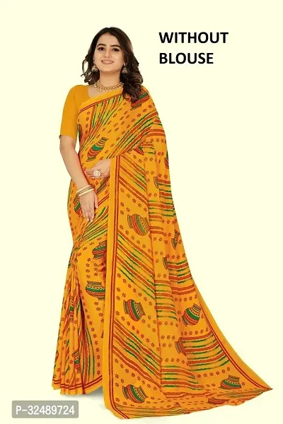 Beautiful Georgette Yellow Printed  Saree without Blouse piece For Women-thumb0