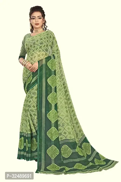 Beautiful Georgette Green Printed  Saree with Blouse piece For Women-thumb0