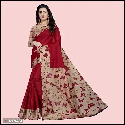 Beautiful Red Silk Blend Printed Saree With Blouse Piece For Women