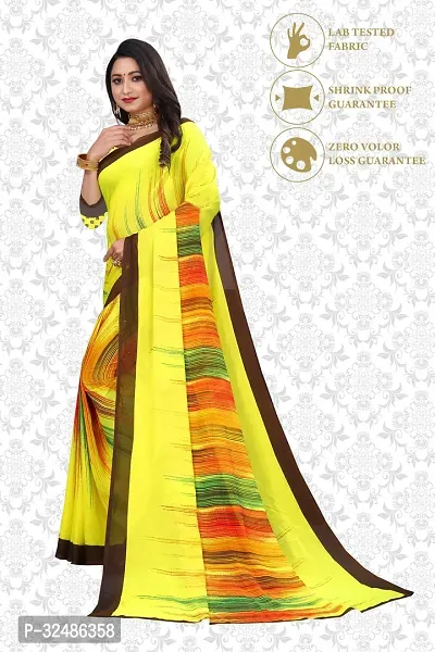 Beautiful Georgette Yellow Printed Saree With Blouse Piece For Women-thumb0