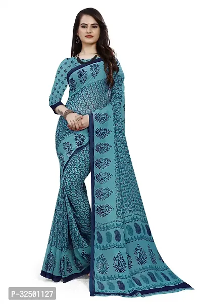 Stylish Blue Georgette Printed Saree with Blouse piece For Women-thumb0