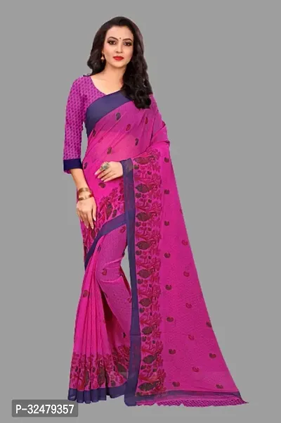 Beautiful Pink Georgette Printed Saree With Blouse Piece For Women-thumb0