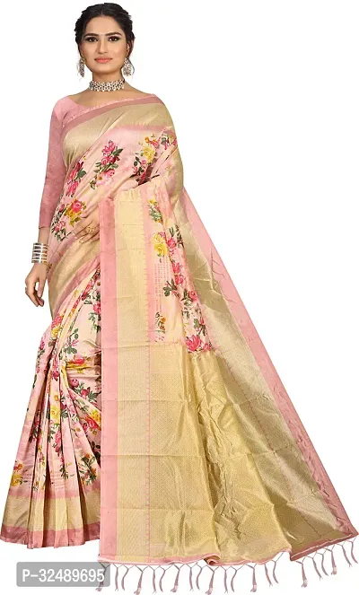 Beautiful Silk Blend Peach Printed  Saree with Blouse piece For Women-thumb0