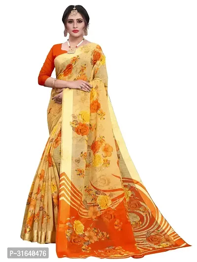 Elegant Yellow Cotton Blend Saree with Blouse piece For Women-thumb0