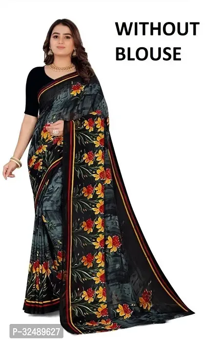 Beautiful Georgette Black Printed  Saree without Blouse piece For Women-thumb0