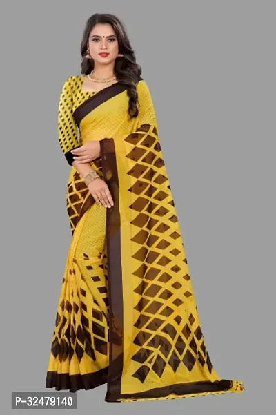 Beautiful Yellow Georgette Printed Saree With Blouse Piece For Women-thumb0