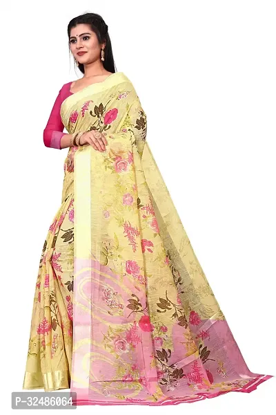 Elegant Beige Cotton Linen Printed Saree With Blouse Piece For Women Pack Of 1-thumb2