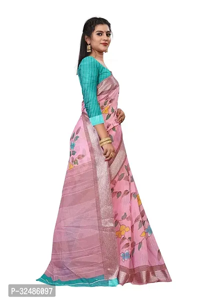 Elegant Pink Cotton Linen Printed Saree With Blouse Piece For Women Pack Of 1-thumb3