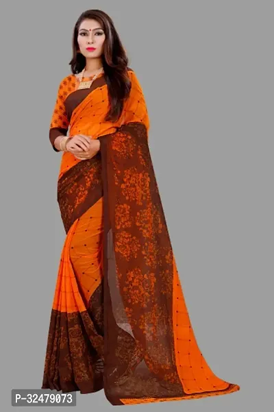 Beautiful Orange Georgette Printed Saree With Blouse Piece For Women-thumb0