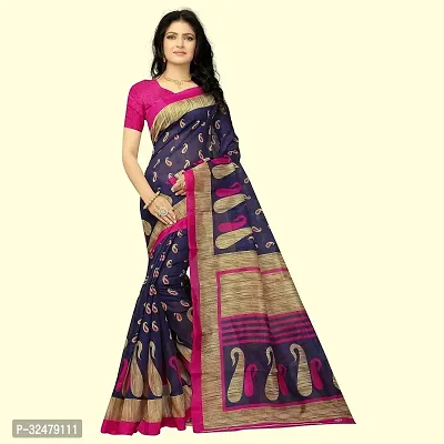 Beautiful Navy Blue Cotton Silk Printed Saree With Blouse Piece For Women-thumb0