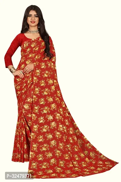 Beautiful Red Georgette Printed Saree With Blouse Piece For Women-thumb0