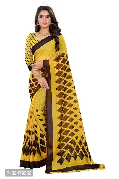 Beautiful Yellow Georgette Printed Saree With Blouse Piece For Women-thumb0