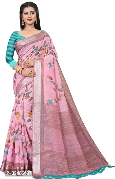 Elegant Pink Cotton Linen Printed Saree With Blouse Piece For Women Pack Of 1-thumb0