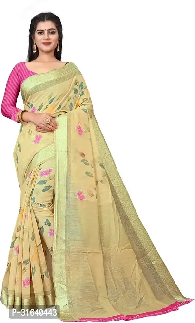 Elegant Cream Cotton Blend Saree without Blouse piece For Women-thumb0