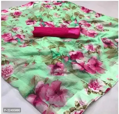 Elegant Green Cotton Silk Printed Saree With Blouse Piece For Women Pack Of 1