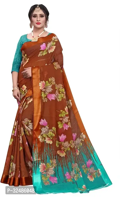 Elegant Brown Cotton Linen Printed Saree With Blouse Piece For Women Pack Of 1-thumb0