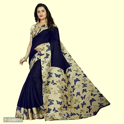 Beautiful Cotton Blend Navy Blue Printed  Saree with Blouse piece For Women-thumb0