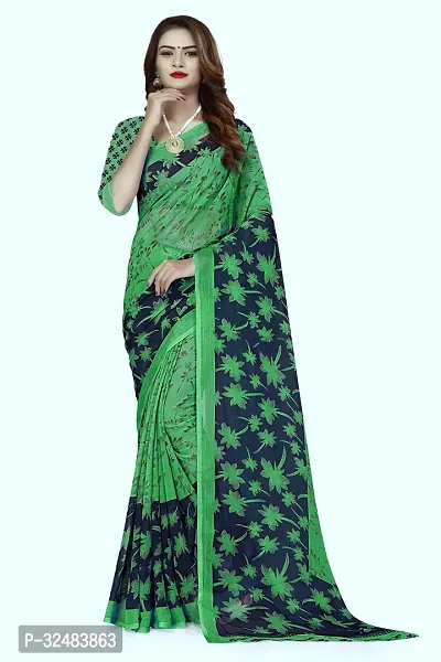 Stylish Green Georgette Printed Saree with Blouse piece For Women