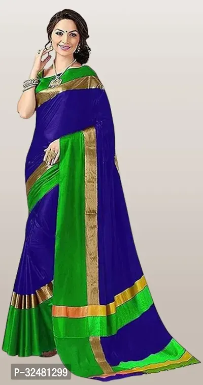 Elegant Blue Cotton Blend Saree with Blouse piece For Women-thumb0