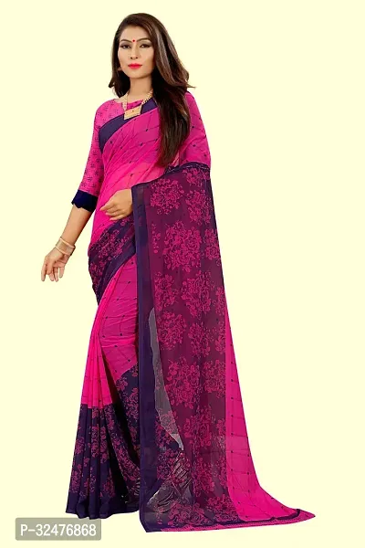 Beautiful Pink Georgette Printed Saree With Blouse Piece For Women-thumb0