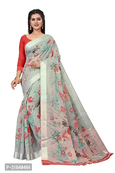 Elegant Grey Cotton Blend Saree without Blouse piece For Women-thumb0