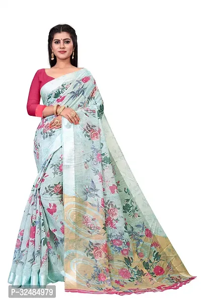 Elegant Cotton Linen Printed Saree with Blouse piece For Women-thumb0