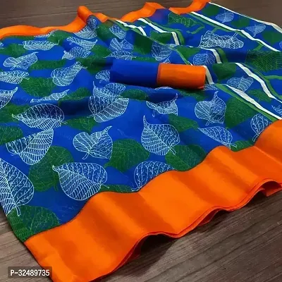 Beautiful Cotton Silk Blue Printed  Saree with Blouse piece For Women-thumb0