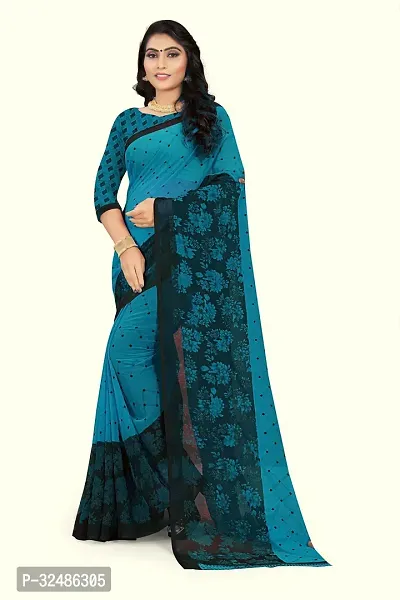 Beautiful Georgette Blue Printed Saree With Blouse Piece For Women-thumb0