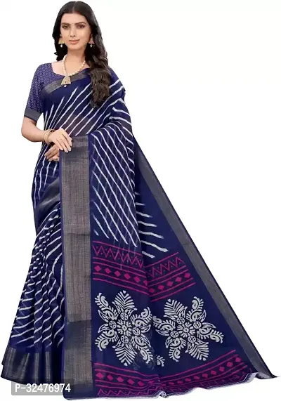 Beautiful Blue Cotton Silk Striped Saree With Blouse Piece For Women-thumb0