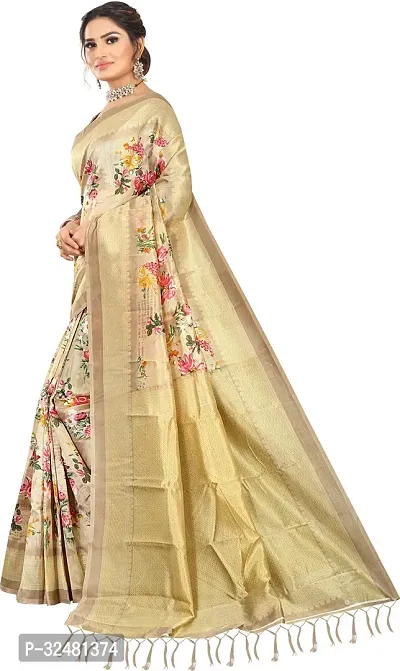 Elegant Beige Silk Blend Saree with Blouse piece For Women-thumb4