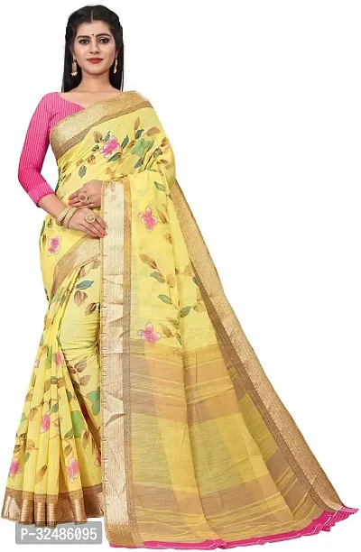 Elegant Yellow Cotton Linen Printed Saree With Blouse Piece For Women Pack Of 1