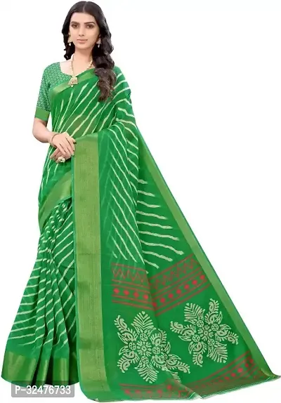 Beautiful Green Cotton Silk Striped Saree With Blouse Piece For Women-thumb0