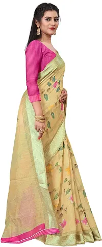 Elegant Beige Cotton Linen Printed Saree With Blouse Piece For Women Pack Of 1-thumb2