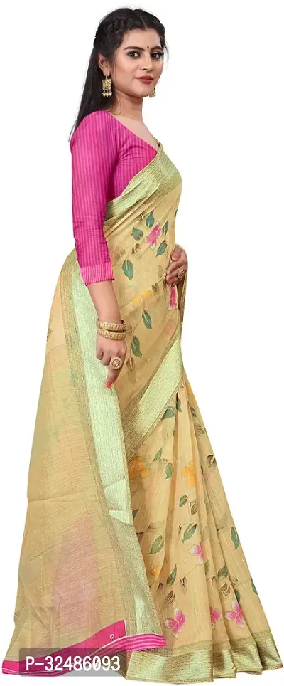 Elegant Beige Cotton Linen Printed Saree With Blouse Piece For Women Pack Of 1-thumb3