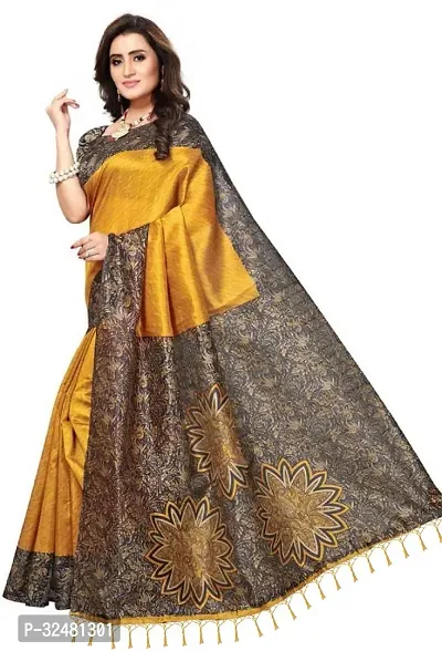 Elegant Yellow Silk Blend Saree with Blouse piece For Women-thumb4